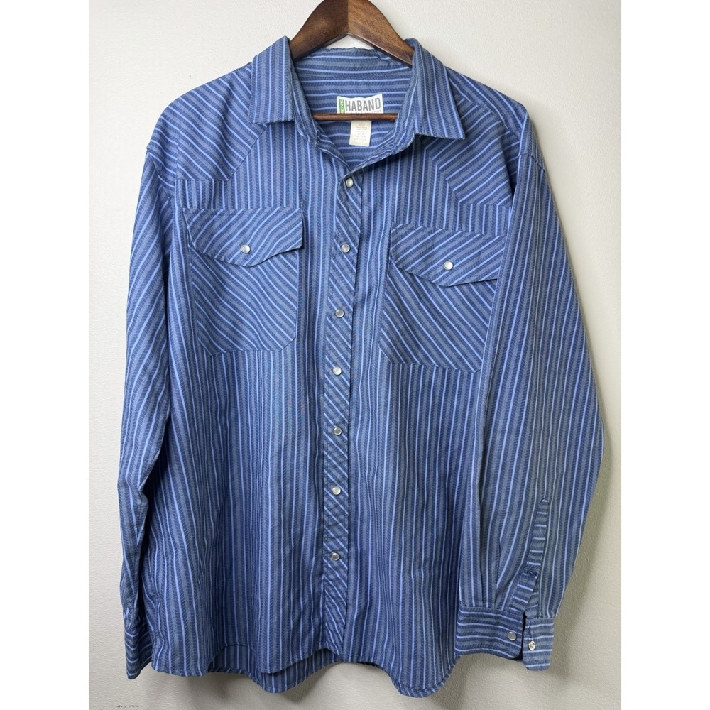 Haband Shirt XL  Mens Long‎ Sleeve Snap Up Blue Striped Western Cut